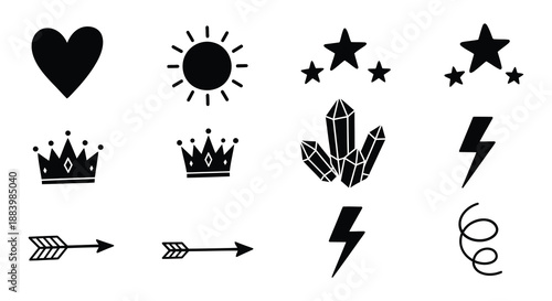 Black and white collection of celestial magical and symbolic graphic elements