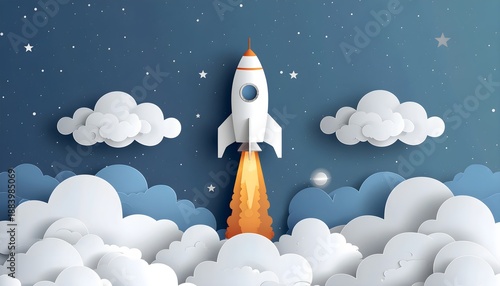 Creative paper cut style illustration of a white rocket ship launching into space. Concept of business startup, financial success, and technology exploration among stars and clouds.

