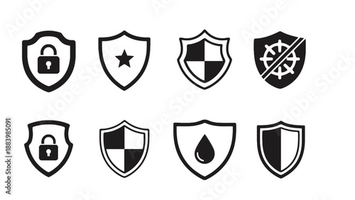 A collection of black and white shield icons with various symbols