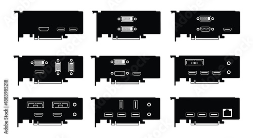 Collection of graphic cards with various port layouts illustrated in a white background