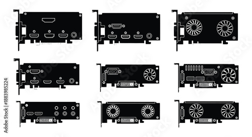 Collection of graphic cards with various port layouts illustrated in a white background