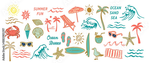 Hand Drawn Beach Themed Vector Set with Summer Doodles, Waves, Palm Trees, Shells, Crabs, Sunglasses, and Surfboards for Vacation Designs, T-Shirt Prints, and Tropical Projects