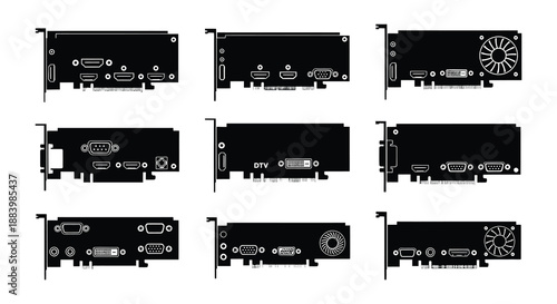 Collection of graphic cards with various port layouts illustrated in a white background