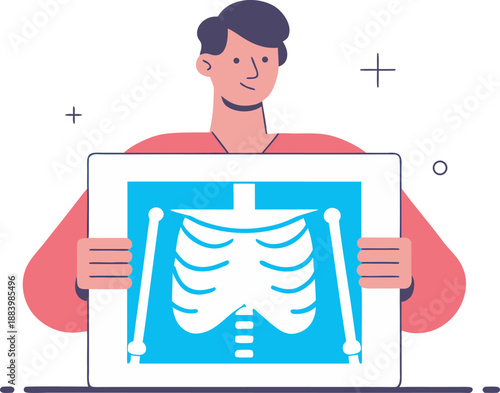 Doctor Holding X Ray Image Showing Human Rib Cage Flat Vector Illustration