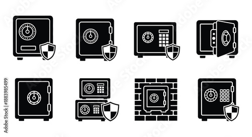 Black safe icons set displaying security protection and financial asset storage