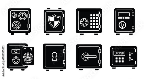 Black safe icons set displaying security protection and financial asset storage