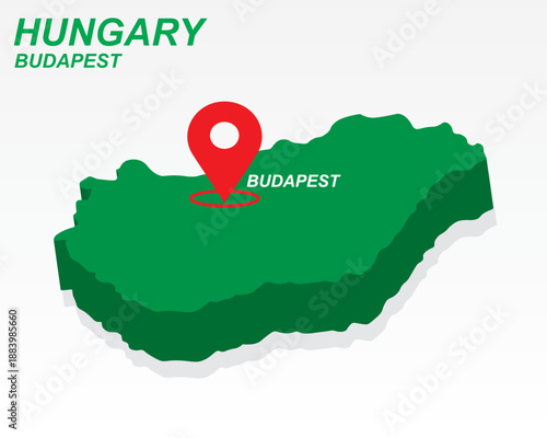 Hungary Map Vector, Budapest Capital City Marker on Green 3D Country Shape, Hungary Infographic Design, Editable Destination Pointer Hungary Geography