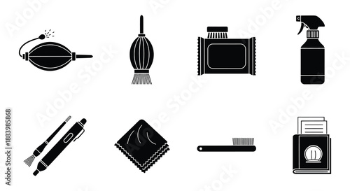 Various cleaning tools and stationery items presented in a simple black and white style