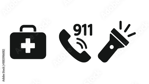 Emergency icons including a first aid kit, phone, and flashlight on a white background