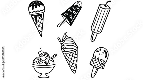 A variety of ice cream treats drawn in black and white