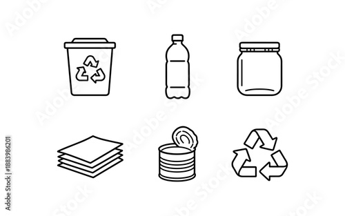 Collection of icons representing recyclable materials and waste management symbols