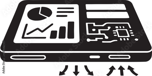 Cloud Data Analytics Server Icon with Upload Download Arrows and Circuit Board Technology. A modern black and white vector-style icon of a cloud data analytics server featuring dashboard charts.