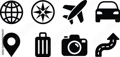 A set of travel icons on a white background for navigation and tourism