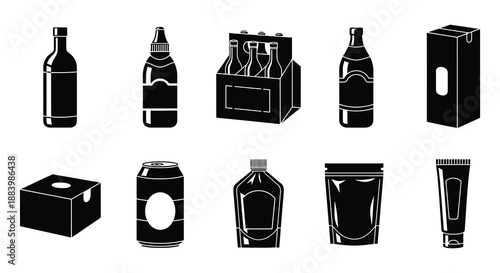 Black silhouette illustrations of various beverage containers and packaging
