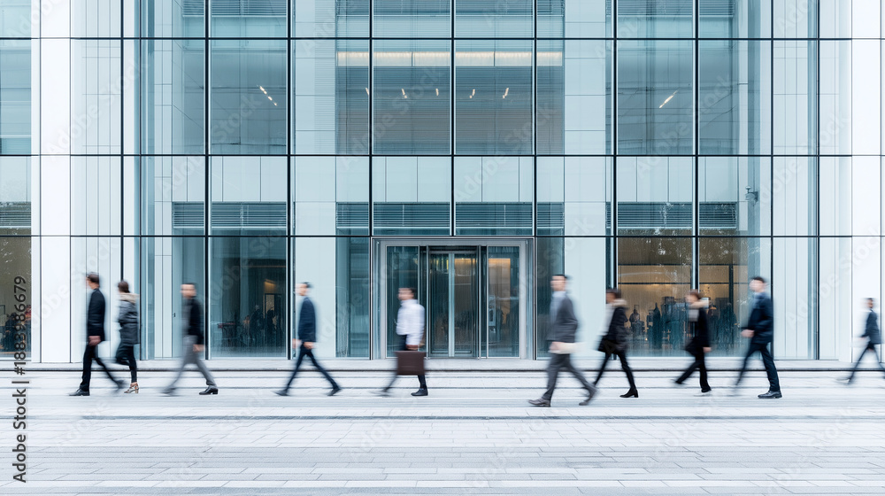 blurred motion of business people walking in front of a modern glass office building facade, professional urban lifestyle and corporate architecture concept in a bright metropolitan setting.