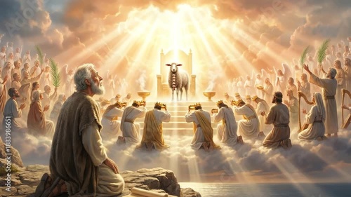 The Lamb of God on the throne in heaven from the Book of Revelation. Angels and elders cast their crowns in worship. A celestial vision of biblical prophecy