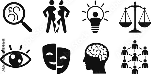 A collection of black and white icons representing various concepts and ideas