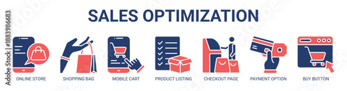 Sales Optimization web banner icon vector illustration concept with icon of online store, shopping bag, mobile cart, product listing, checkout page, payment option, buy button.