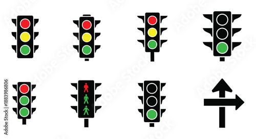 A collection of traffic lights in various stages of operation