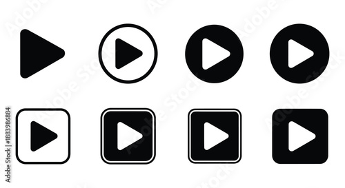 A collection of black and white play button icons in various shapes
