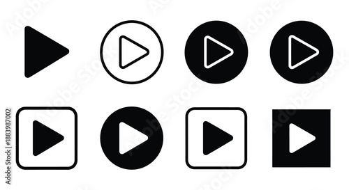 A collection of black and white play button icons in various shapes