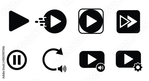 A collection of black and white play button icons in various shapes