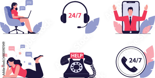 Customer support service vector set with online help hotline call center operators and twenty four seven assistance icons
