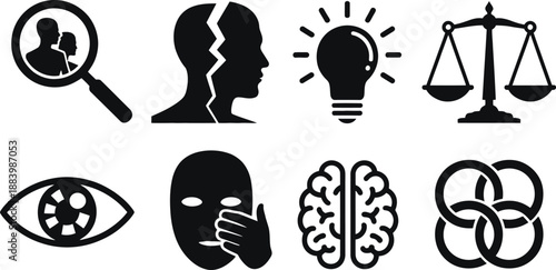 A collection of black and white icons representing various psychological concepts