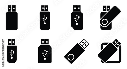 Collection of simple usb flash drive icons in various styles and orientations