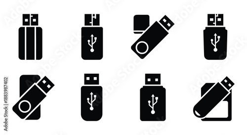 Collection of simple usb flash drive icons in various styles and orientations