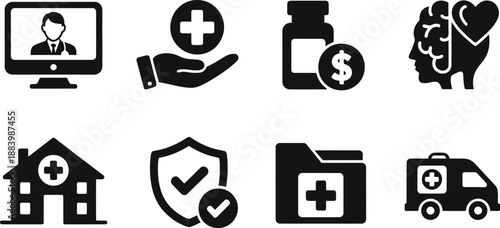 A collection of black and white medical icons on a clean white background