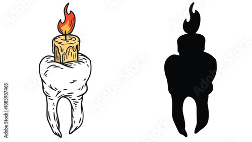 A tooth with a candle on top and its silhouette against a white background