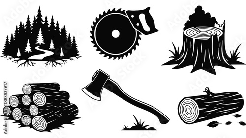 A collection of black and white illustrations depicting forestry and logging tools