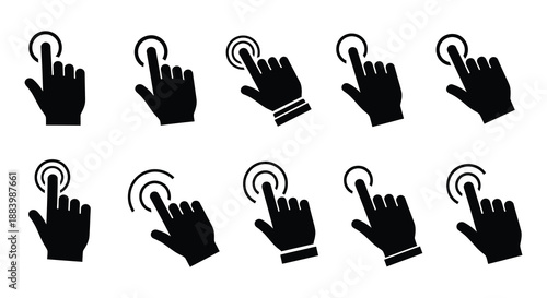 Various hand gestures and interaction icons depicted in monochrome silhouette style