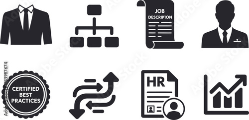 A collection of black and white business icons on a clean white background