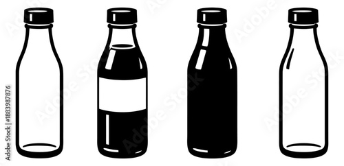 Graphic bottle set featuring empty and full variations with and without labels for beverage packaging design
