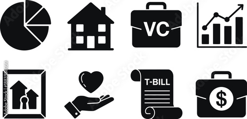 A collection of black and white financial icons on a clean background