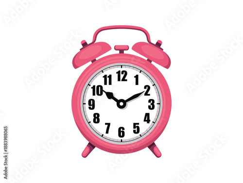 A pink alarm clock sitting on a plain white background, ready to wake you up