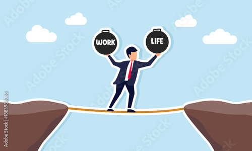 Businessman carrying work and life burdens walking on a rope across a cliff illustrating work life balance