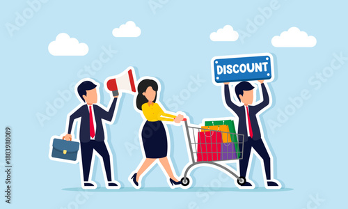 Business people promoting discount illustrating a marketing strategy using price reductions