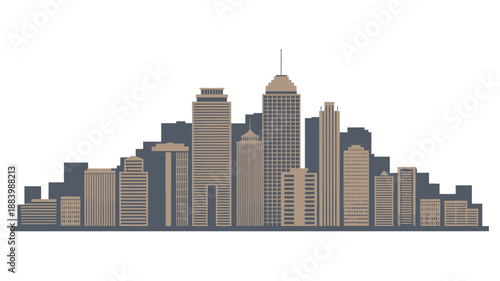 A stylized illustration of a modern city skyline with sleek skyscrapers and high-rise buildings