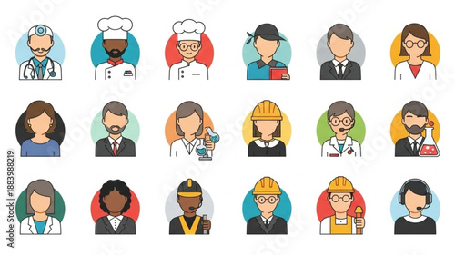 Diverse Group of Professional People Icons Representing Various Occupations.
