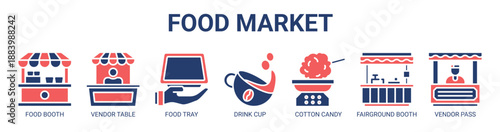 Food Market web banner icon vector illustration concept with icon of food booth, vendor table, food tray, drink cup, cotton candy, fairground booth, vendor pass.
