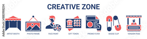 Creative Zone web banner icon vector illustration concept with icon of artist booth, photo frame, face paint, gift token, promo flyer, badge clip, vendor pass.