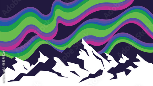 A vibrant illustration of a mountain range with colorful, wavy lines in the sky