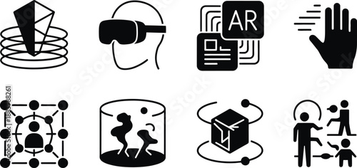 A collection of black and white icons representing technology and innovation