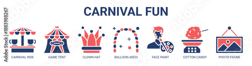 Carnival Fun web banner icon vector illustration concept with icon of carnival ride, game tent, clown hat, balloon arch, face paint, cotton candy, photo frame.