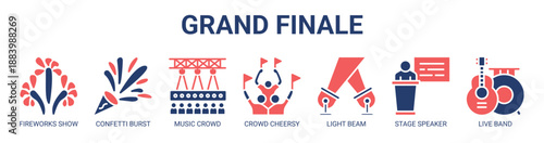 Grand Finale web banner icon vector illustration concept with icon of fireworks show, confetti burst, music crowd, crowd cheersy, light beam, stage speaker, live band.