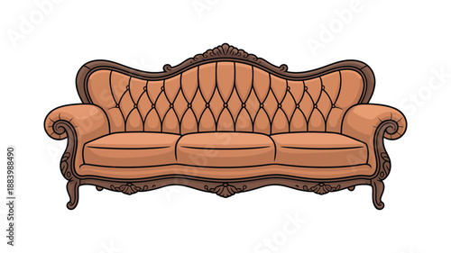 A beautifully designed vintage sofa with a brown wooden frame and orange upholstery