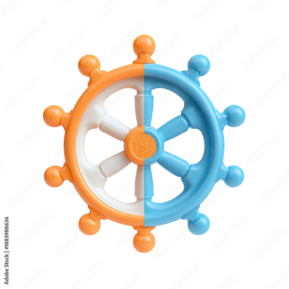 Fototapeta premium A split-color, stylized, circular steering wheel-like object with rounded edges on a black background